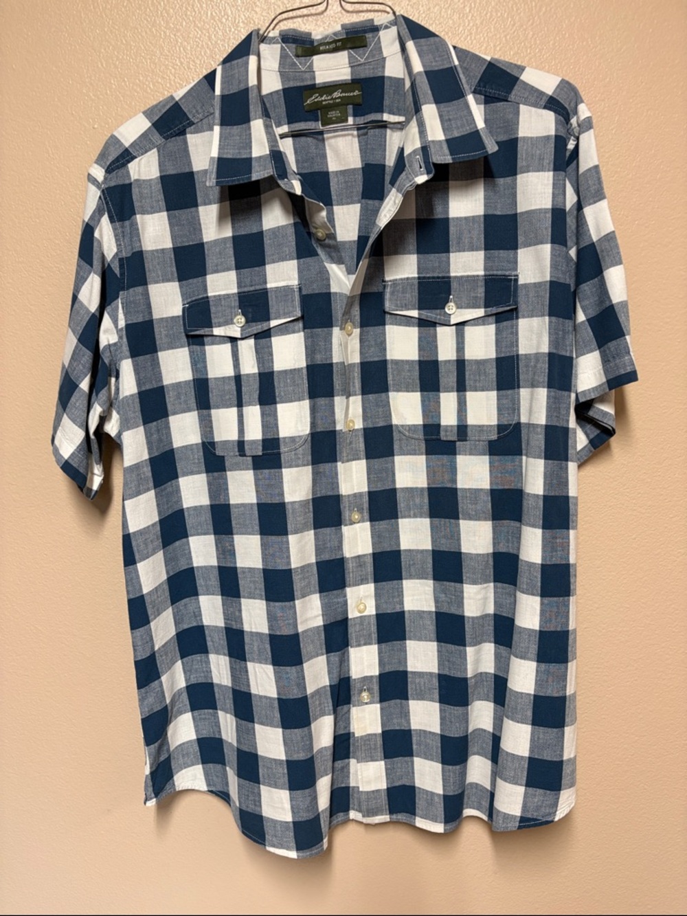 Eddie Bauer Blue and White Check Short Sleeve Button-Up Shirt